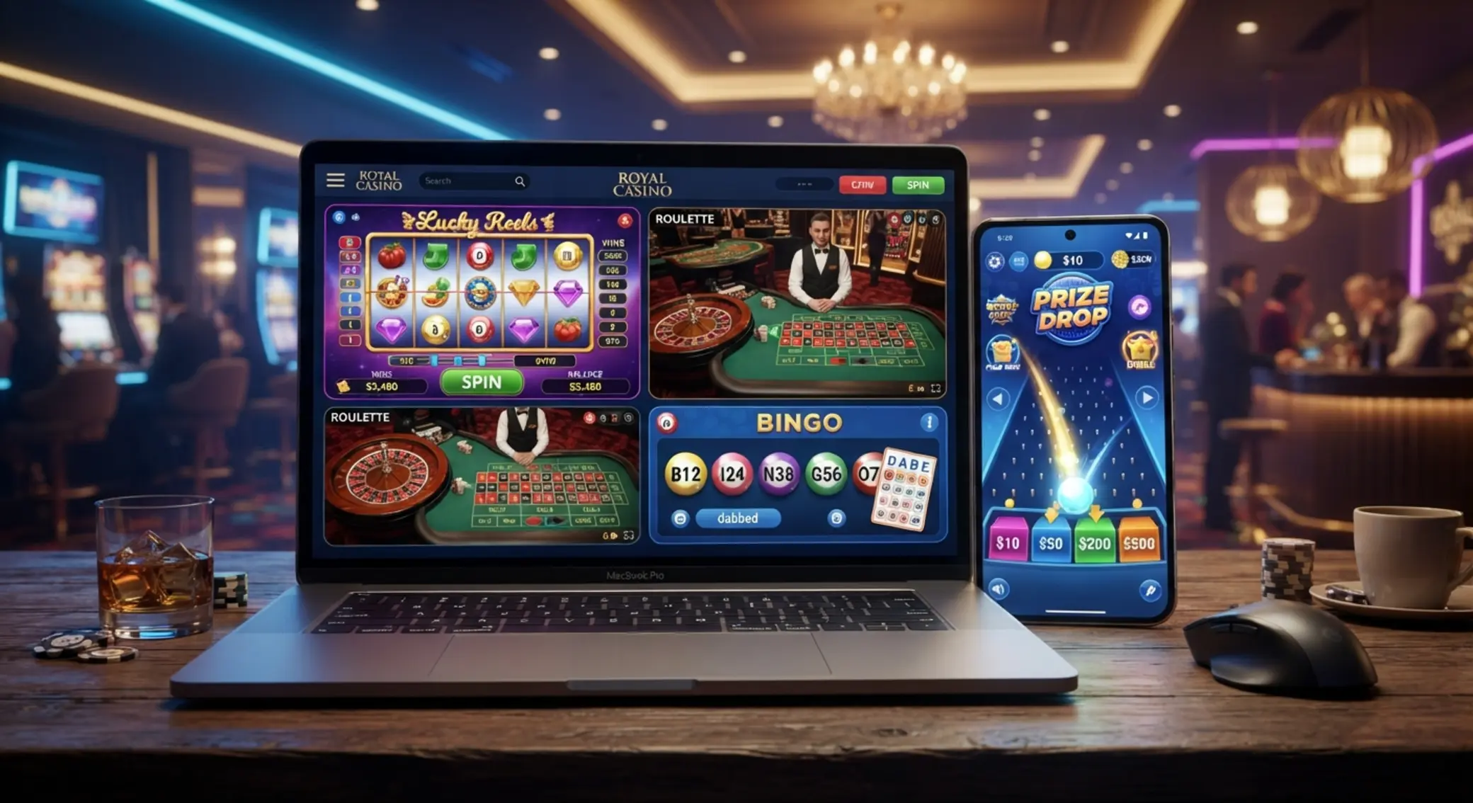 Hry v online kasíne SK Koláž hier v online kasíne na notebooku a mobile